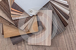 Many thin wooden samples for interior design.