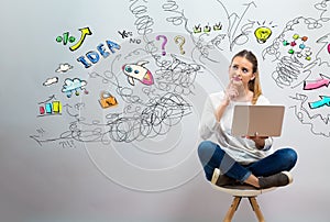 Many thoughts with young woman using her laptop