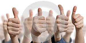 Many thumbs up on white background. Success and consent concept