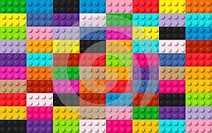 Many toys blocks in different colours. Colorful plastic bricks. Seamless vector pattern background