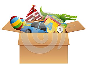 Many toys in brown box