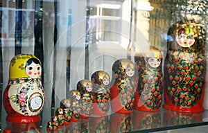 Many traditional Russian matryoshka dolls