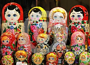 Many traditional russian matryoshka dolls as souvenirs