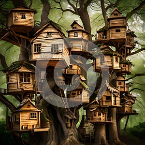 Many tree houses on a large tree - ai generated image