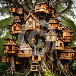 Many tree houses on a large tree - ai generated image