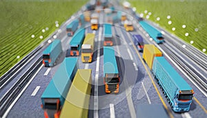 many trucks on highway aerial. miniature logistics truck models ,ai generated