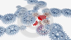 Many Turning Grey Gears gathering themself with two red small gear
