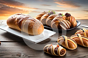 Many Type Of Bread And Bun Are Set On The Table, Food Display Background. Image. Generative AI