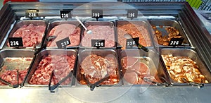 Many type of fresh pork mix with ingredient and price tag in stainless steel tray for sale at fresh market or supermarket.