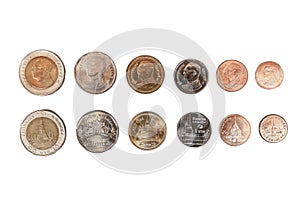 The collection of Thai coin that consist of 10, 5, 2, 1 , 0.50, 0.25 baht value front and back side on perfectly isolated white