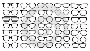 Many types of glasses. Fashion collection set glasses isolated. Vector illustration. Glasses icons frames silhouettes