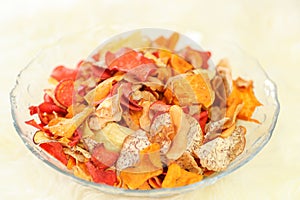 Many types of savoury snack in glass dishes