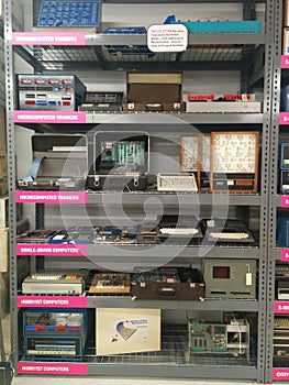 Many vintage computers on a rack at the Living Computer Museum