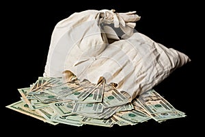 Many US dollar bills or notes with money bags