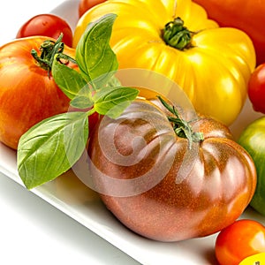 Many varieties of colorful tomatos