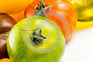 Many varieties of colorful tomatos