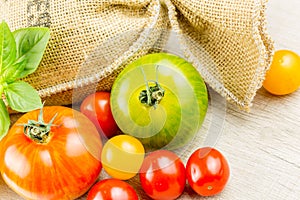 Many varieties of colorful tomatos