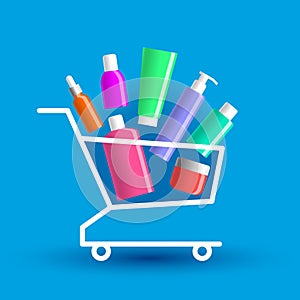 Many various beauty products in shopping cart