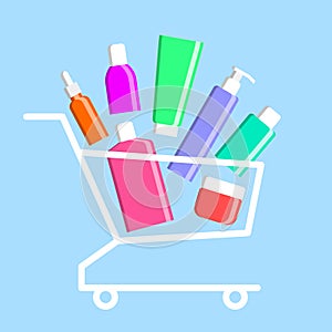 Many various beauty products in shopping cart