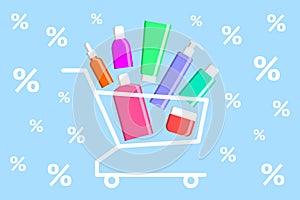 Many various beauty products in shopping cart and percent signs