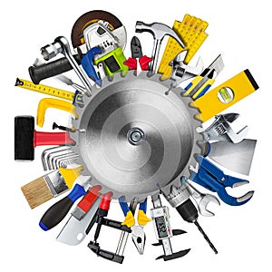 Many various hand working tools behind circular buzz saw blade isolated white background. DIY hardware store equipment so it photo