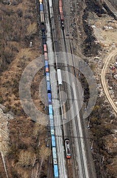 Many wagons and trains. Aerial view.