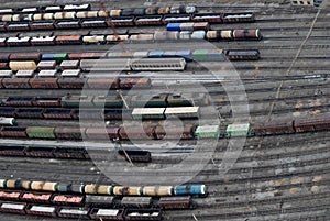 Many wagons and trains. Aerial view.
