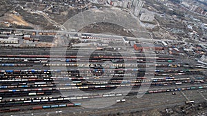 Many wagons and trains. Aerial view.