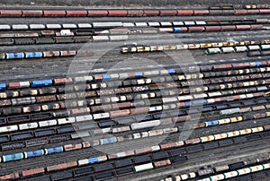 Many wagons and trains. Aerial view.