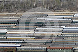 Many wagons and trains. Aerial view.