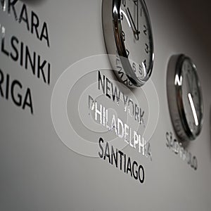 Many wall clocks on the white wall of business office showing time of different cities of the world