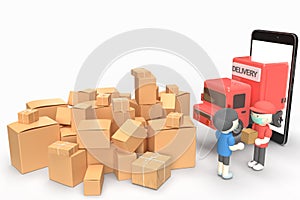 Many waste delivery paper box from unnecessarily online shopping during quarantine coronavirus. Red truck and transport worker on photo