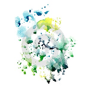 Many watercolor splashes in blue green yellow colors. Abstract texture background illustration with stains and blots