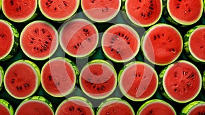 Many watermelon half slice. Ripe red flesh pulp summer vibe healthy snack. Fresh vitamin vegan diet natural fruit close