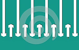 Many white arrows isolated on teal blue background pointing to opposite directions, 3d rendering, 3d illustration