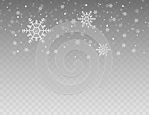 Many white cold flake elements on transparent background. Heavy snowfall, snowflakes in different shapes and forms. Vector stock