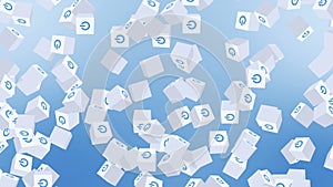 Many white cubes with power button icon floating on blue background. Digital business concept. Start up. Loop.