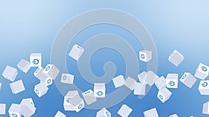Many white cubes with power button icon floating on blue background. Digital business concept. Start up. Loop.