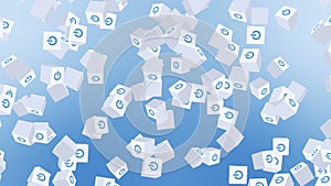 Many white cubes with power button icon floating on blue background. Digital business concept. Start up. Loop.