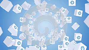 Many white cubes with power button icon floating on blue background. Digital business concept. Start up. Loop.