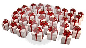 Many white gift boxes with red ribbon and bow