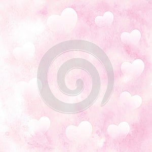 Many white heart on pink fluffy clouds background. Greeting card for valentine, wedding, Happy mothers day.