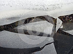 Ice pieces on grass in winter, Lithuania