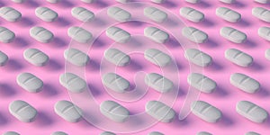 Many white tablets floating mid-air on pink background