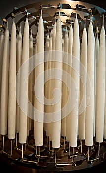 Many white wax candles hanging in bulk candlewicks to dry in a commercial candle-making production factory