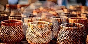 Many Wicker Baskets on Handicraft Market, New Wickerwork, Hand Made Basket, Bamboo Containers