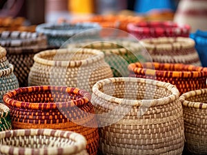 Many Wicker Baskets on Handicraft Market, New Wickerwork, Hand Made Basket, Bamboo Containers