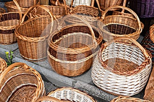 Many Wicker Baskets on Handicraft Market, New Wickerwork, Hand Made Basket, Bamboo Containers