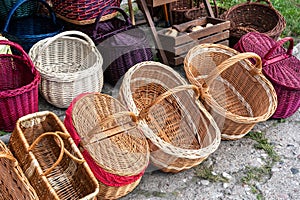 Many Wicker Baskets on Handicraft Market, New Wickerwork, Hand Made Basket, Bamboo Containers