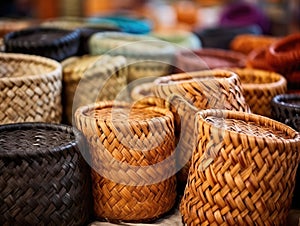 Many Wicker Baskets on Handicraft Market, New Wickerwork, Hand Made Basket, Bamboo Containers
